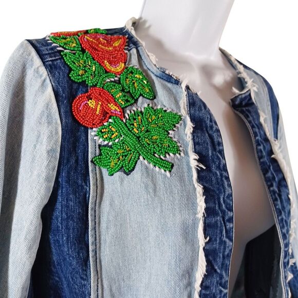 Relativity S Denim Beaded Floral Jacket Boho Beadwork Festival Hippie Western - Picture 4 of 8